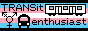 a button with the trans flag in the background and some pixel art images of some mass transit vehicles and the transgender symbol.